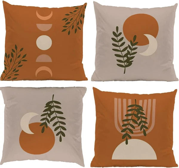 Set of 4 Pillow Covers, 18" x 18" Boho Full Moon Crescent Moon Tropical Plant