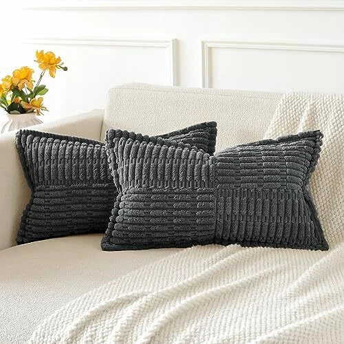 Pack of 2 Soft Corduroy Pillow Covers with 12" x 20" (Pack of 2) Dark Grey