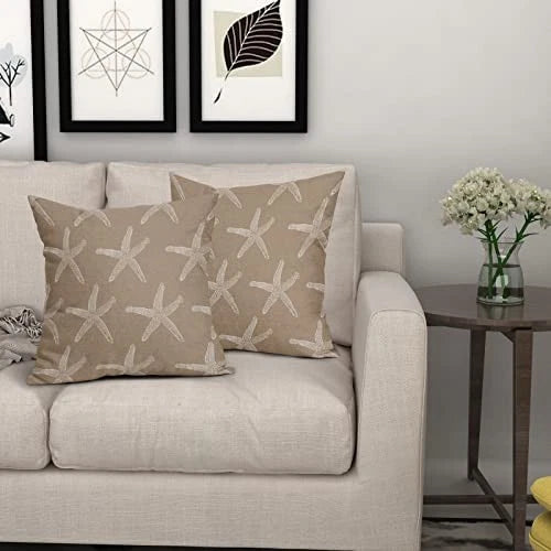 Tan Brown Starfish Pillow Covers 18X18 Inch Coastal Beachy Nautical Couch