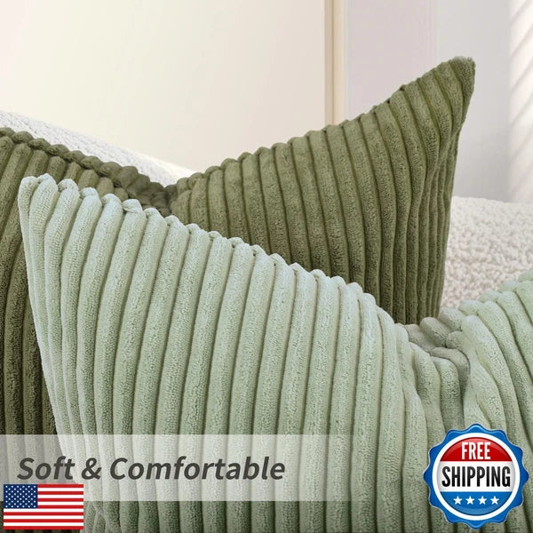 Pack of 2 Olive Green Corduroy Decorative Throw Pillow Covers 12x20 Inch Stri
