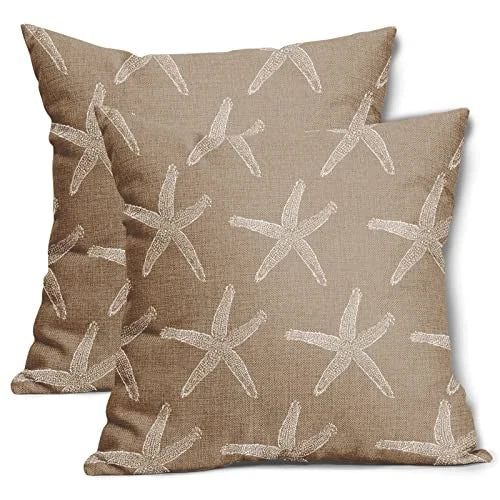 Tan Brown Starfish Pillow Covers 18X18 Inch Coastal Beachy Nautical Couch