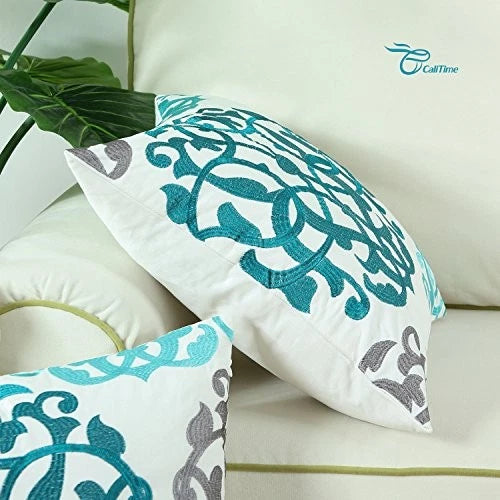 Throw Pillow 18" x 18" (Pack of 2) Geometric Floral - Teal / Duck Egg / Gray