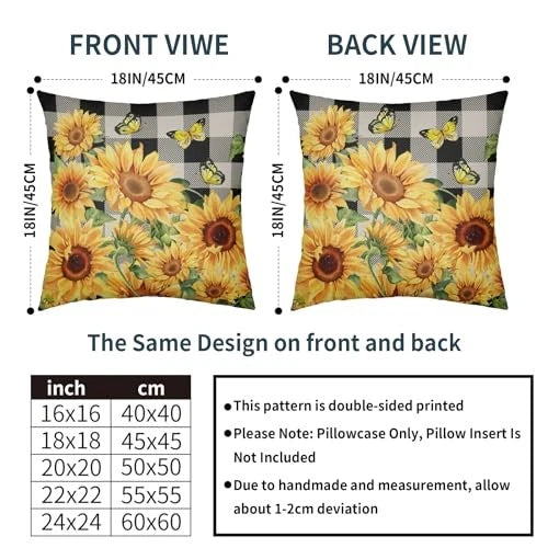 Sunflower Pillow Covers 18x18 Set of 2 18" x 18" (Pack of 2) Black Yellow Green