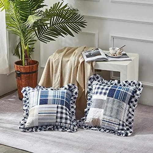 Plaids and Stripes Patchwork Ruffle Pillowshams, 18" x 18" (Pack of 2) Blue