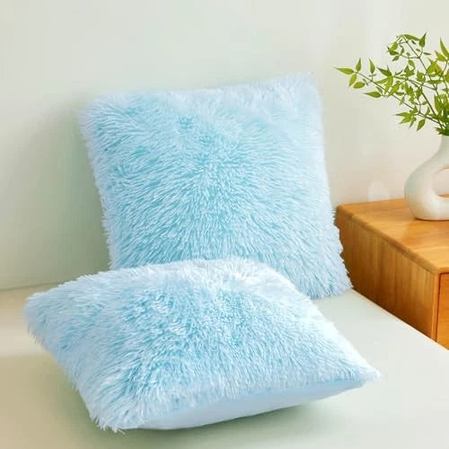 Faux Fur Throw Pillow Covers 18"x18" Furry Shaggy 18" x 18" (Pack of 2) Blue