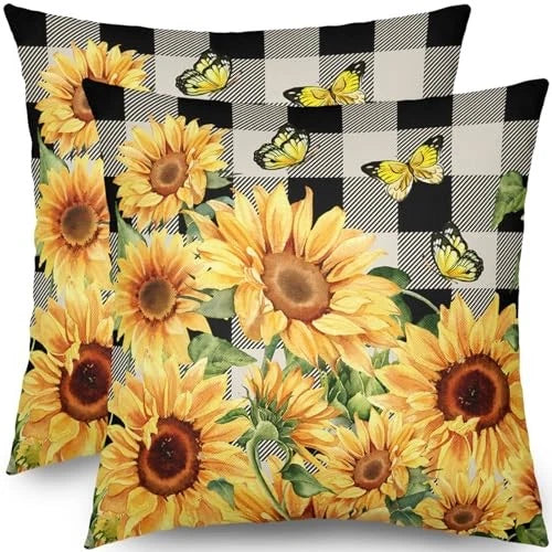 Sunflower Pillow Covers 18x18 Set of 2 18" x 18" (Pack of 2) Black Yellow Green
