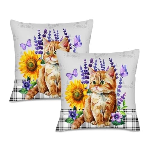 Pillow Covers 18x18 Inch Set of 2 Sunflower 18" x 18" (Pack of 2) Cute Cat