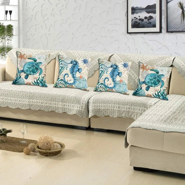 Ocean Theme Decorative Throw Pillow Cover 18X18 Set of 2, Turtle Seahorse Throw