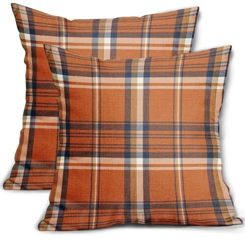 Fall Plaid Pillow Covers 18x18 Set of 2 18" x 18" (Pack of 2) Orange Blue