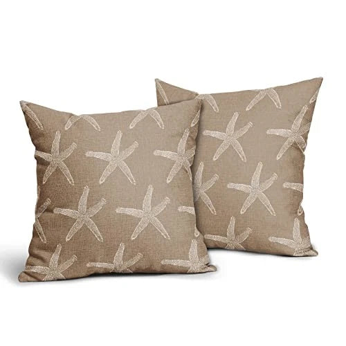 Tan Brown Starfish Pillow Covers 18X18 Inch Coastal Beachy Nautical Couch