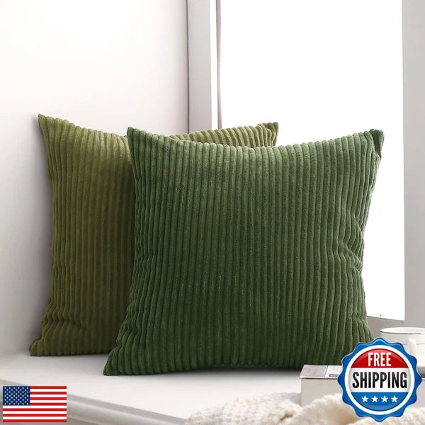 Pack of 2 Olive Green Corduroy Decorative Throw Pillow Covers 12x20 Inch Stri