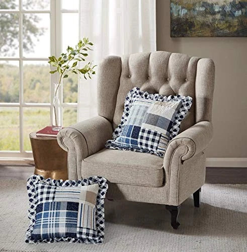 Plaids and Stripes Patchwork Ruffle Pillowshams, 18" x 18" (Pack of 2) Blue