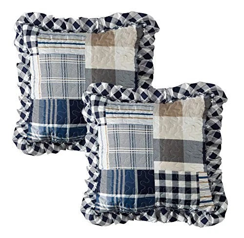 Plaids and Stripes Patchwork Ruffle Pillowshams, 18" x 18" (Pack of 2) Blue