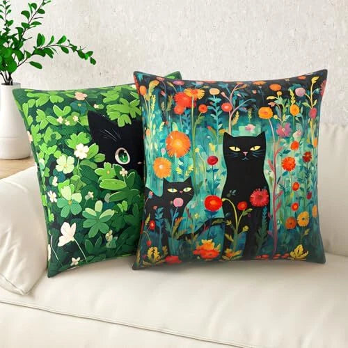 Throw Pillow Covers, 18x18 Inch Cotton Linen Pillow Cases 2pcs-a-cute Black Cat